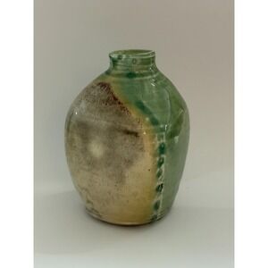 Studio Art Pottery Small Abstract‎ Bud Vase Signed 3.5" Stoneware Green